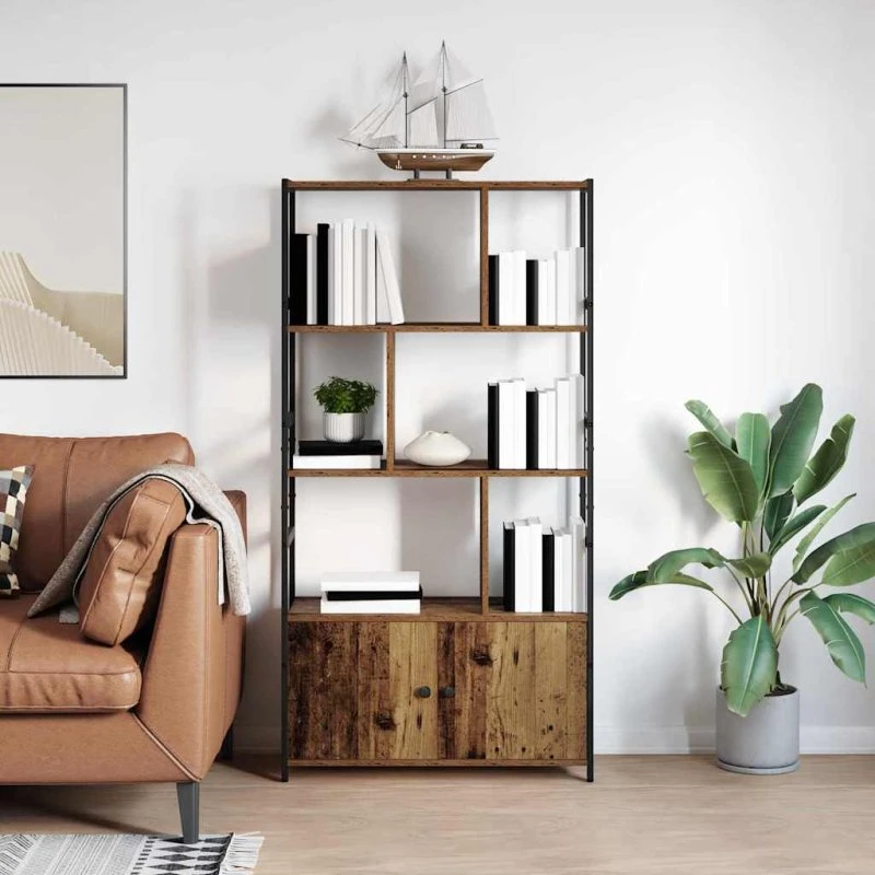 Bogreol i gammelt træ og stål 80 x 30 x 155,5 cm