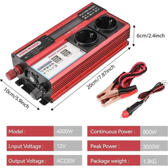 Inverter Vekselretter 12V til 220V 4000W med 4x USB og LED-display
