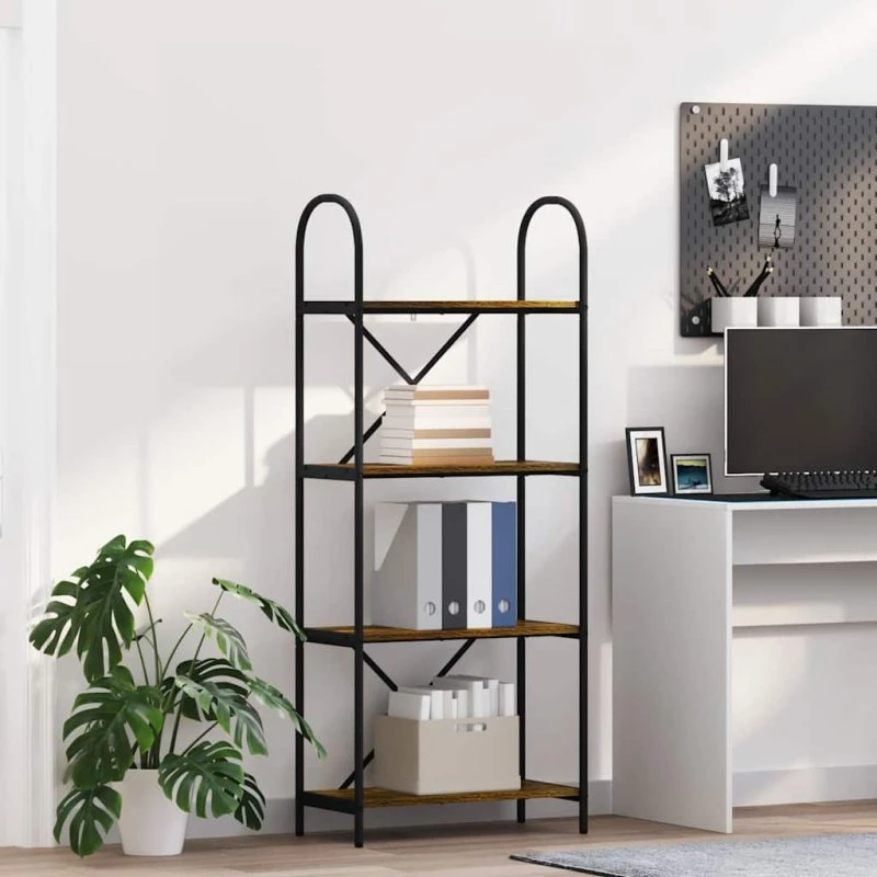 Bogreol i røget eg med sort stålramme 60x30x146 cm