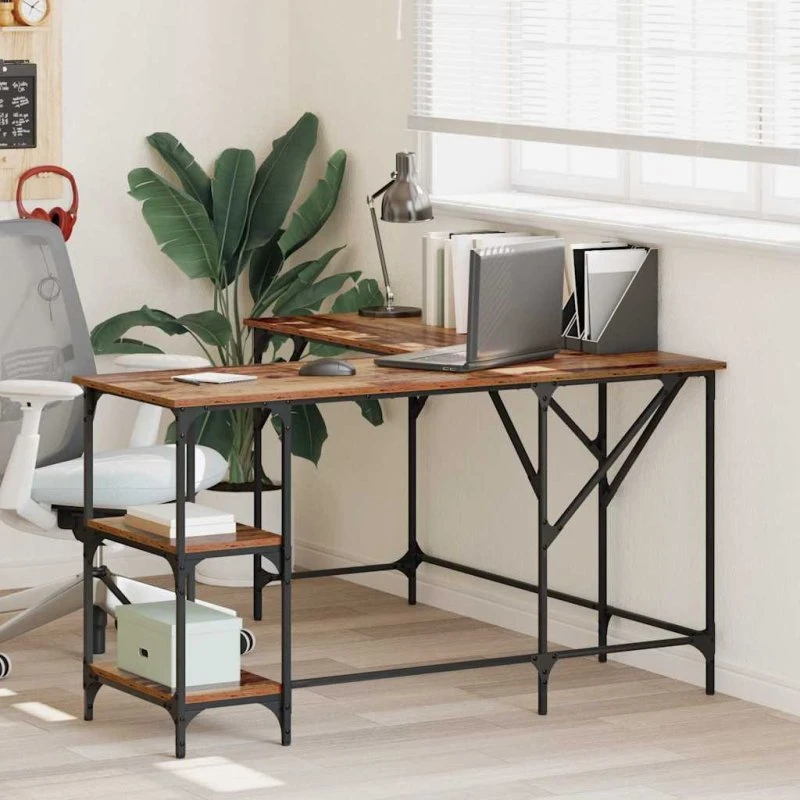 L-formet skrivebord i gammelt træ og stål 139x139x75 cm