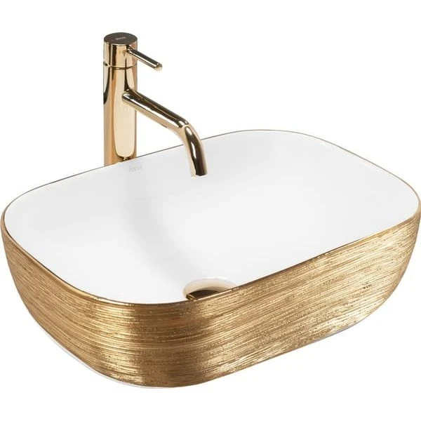 REA Belinda Håndvask - Børstet Guld & Hvid - 46,5x33,5x13,5 cm
