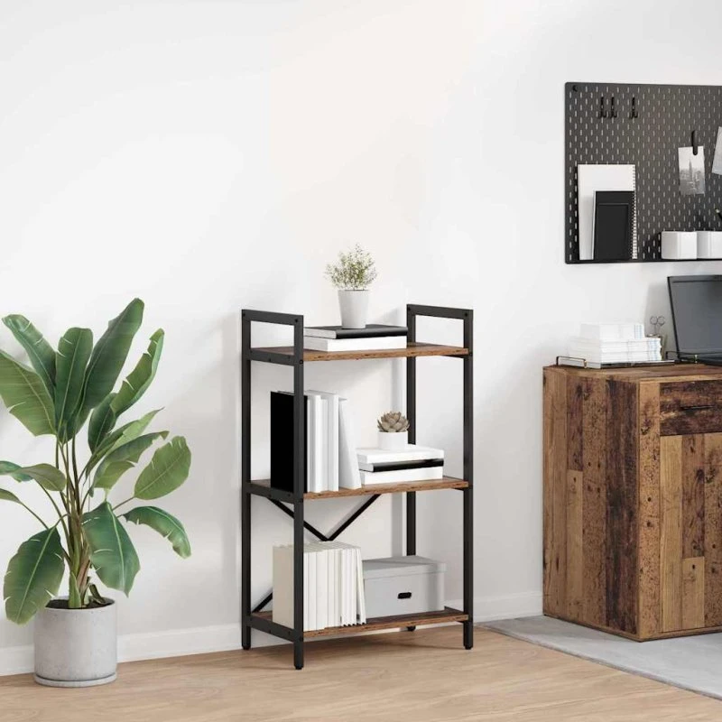 Bogreol i industristil, gammelt træ 56x34x96 cm