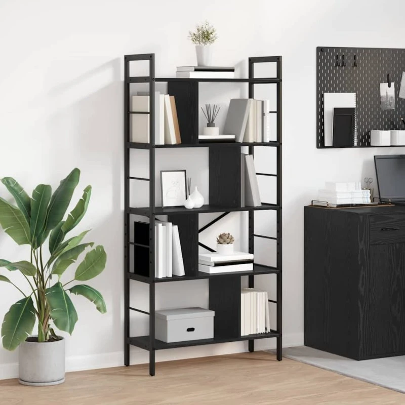 Industriel bogreol i sort eg og stål 75x30x156 cm