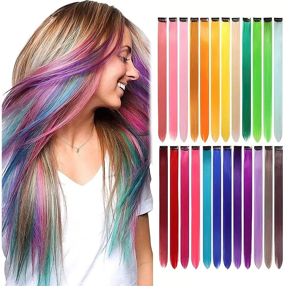 4-Pak Clip-on Farvede Hair Extensions - 56 cm - Blå