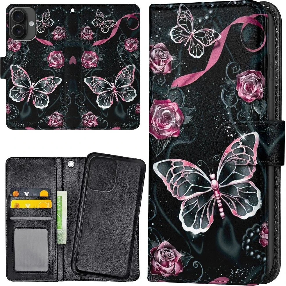 iPhone 16 Cover med Sommerfugle-design og Pungetui