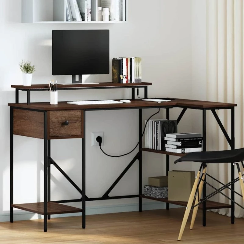 Skrivebord med skuffe i brun eg 120×79×86,5 cm