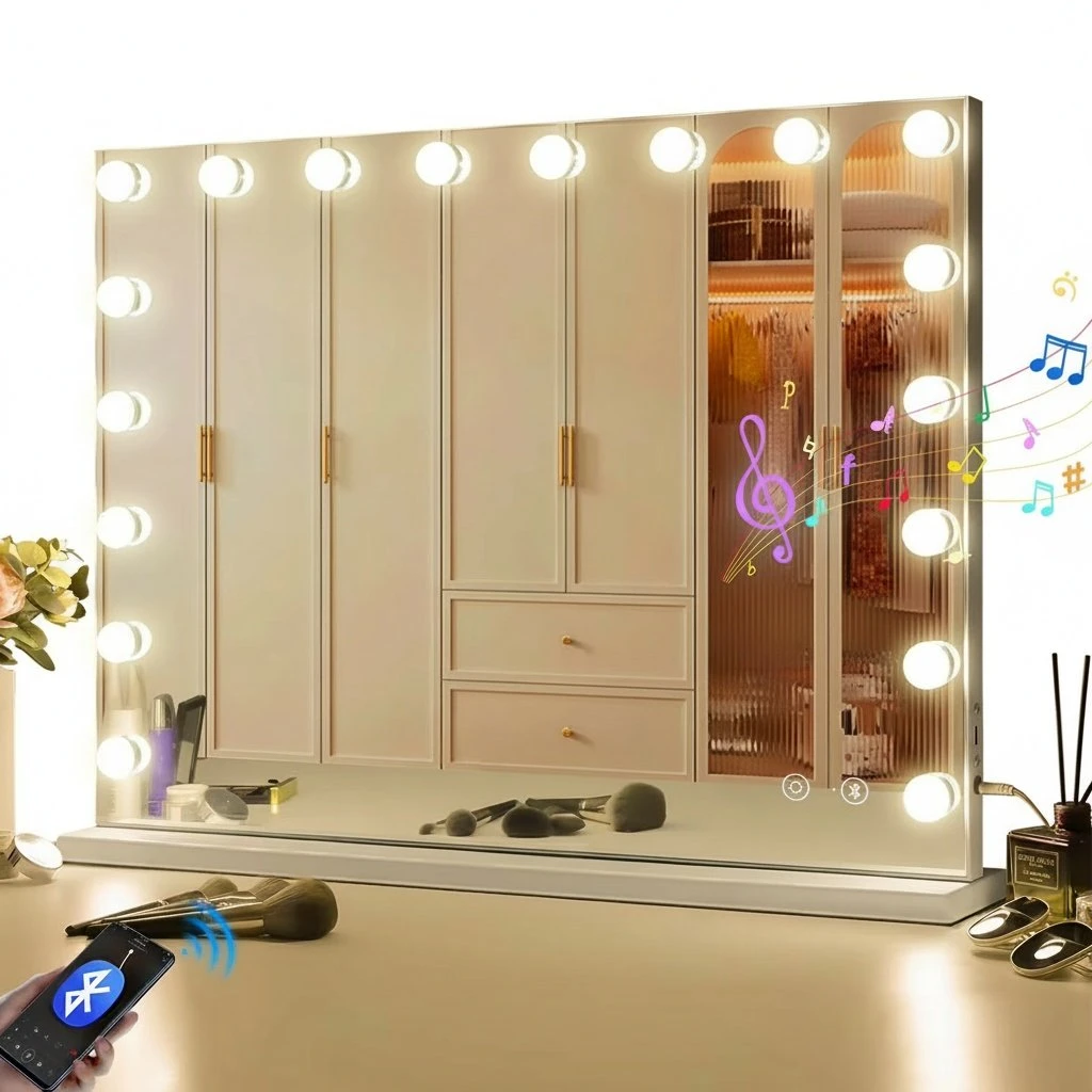 Bluetooth Hollywood spejl med 18 LED-lamper og lysstyrke