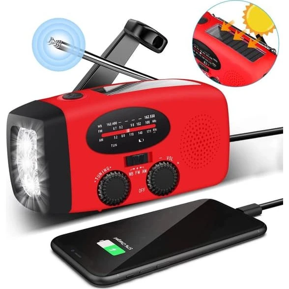 Krankradio med solceller, lommelygte og 2000mAh Powerbank SOS