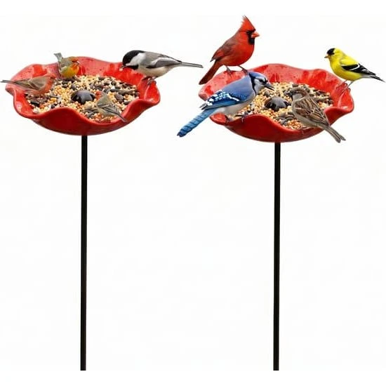 2-pak Fuglebad og Foderstation i Metal, Rød Blomst, 60 cm