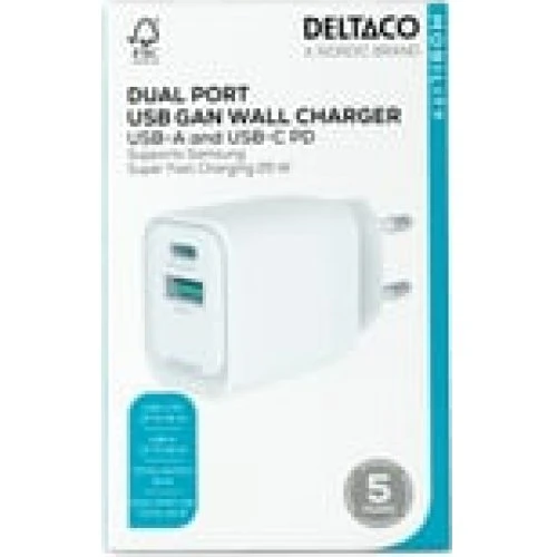 Deltaco USB GaN Wall Charger 35W - 1x USB-C & 1x USB-A, Hvid