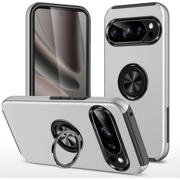 Google Pixel 10 Pro / 10 Hybrid Cover med Ring & Kickstand - Silver