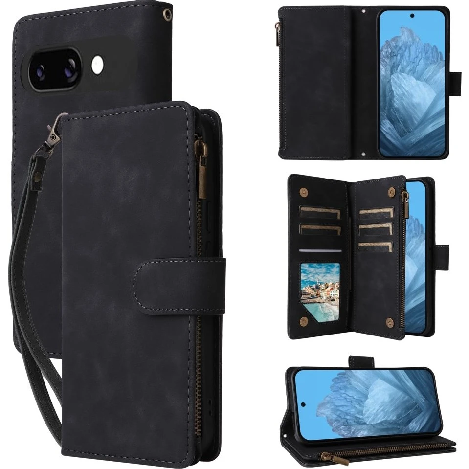 SKALO Google Pixel 9a Zipper PU-læder Flip Cover - Sort