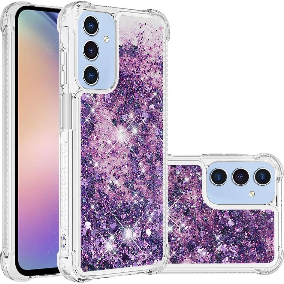 SKALO Samsung A16 Cover - Lilla med Glitter og Hjerter