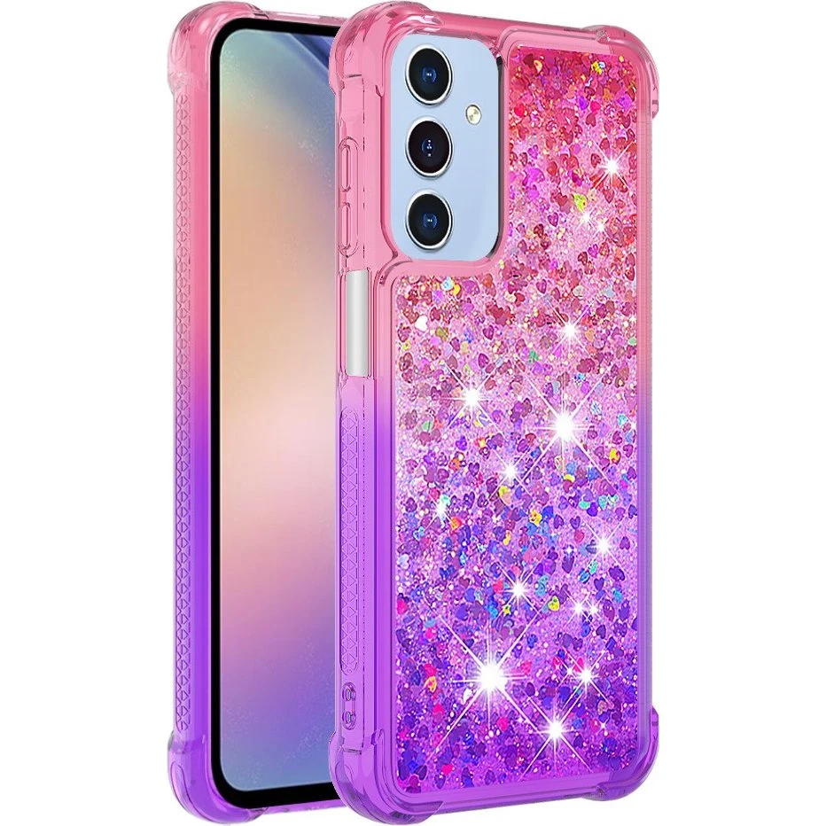 SKALO Samsung A15 5G Cover med Glitter og Hjerter - Pink-Lilla