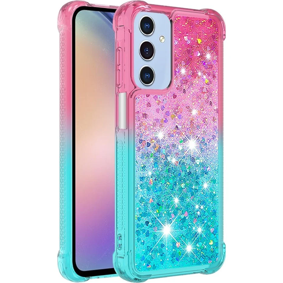SKALO Samsung A15 5G Cover - Kvicksand Glitter Hjerter Pink-Turkis