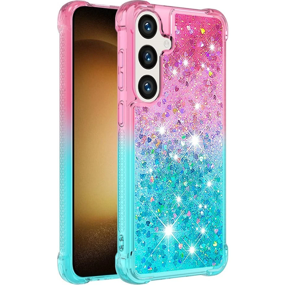SKALO Samsung S24 Cover med Glitter og Hjerter - Pink-Turkis