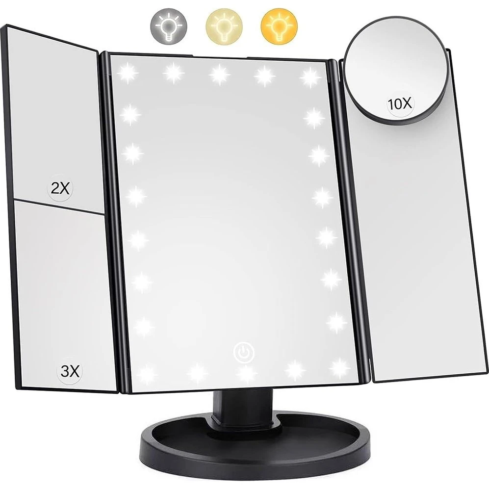 3-sidet sammenfoldeligt makeup-spejl med 22 LED-lys - Sort