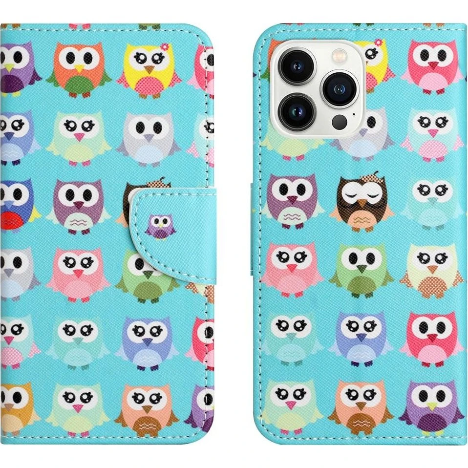 iPhone 15 Pro Wallet Stand Case - Ugler mønster