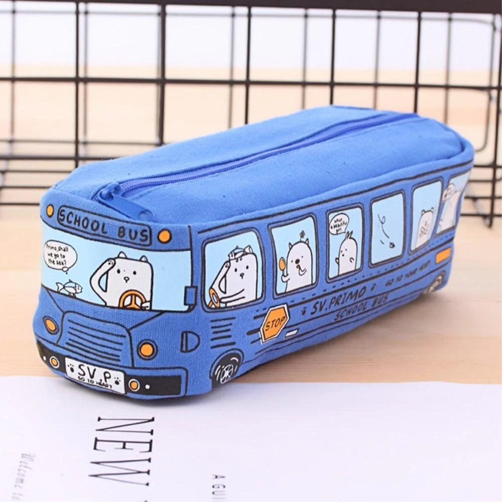 Blyanttaske i lærred med skolebus-design - Blå