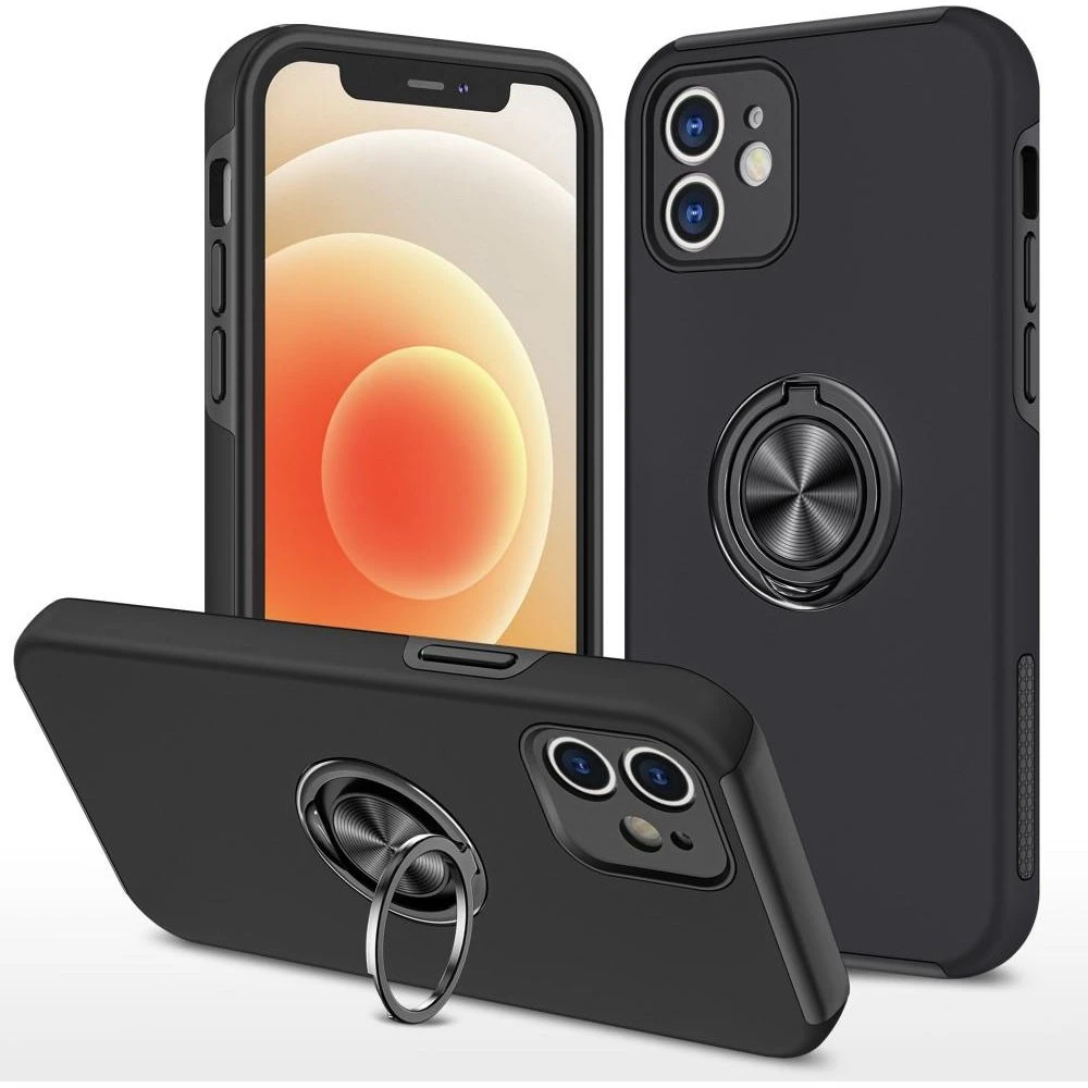 iPhone 12 Hybrid Case med Fingerring og Kickstand - Sort