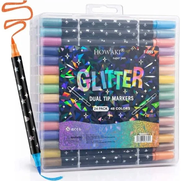 24 stk Dual Tip Glitter Markører - 48 Neon & Glitter Farver