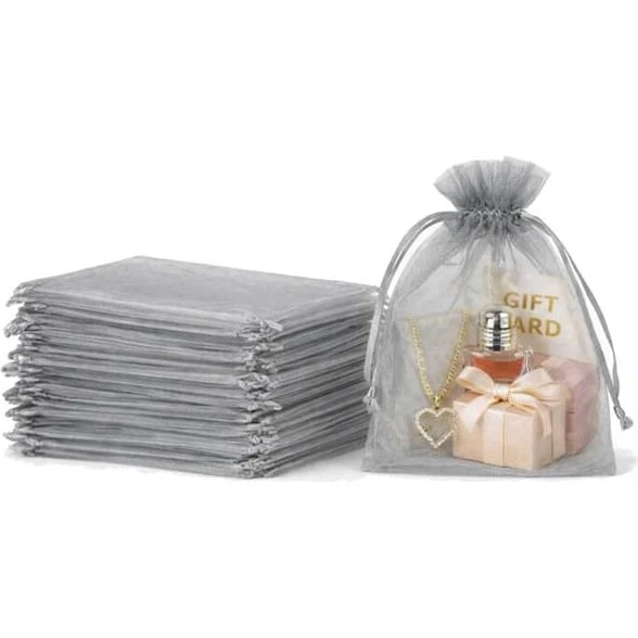 100-pak Organzaposer 10x15cm Grå med satin-snore