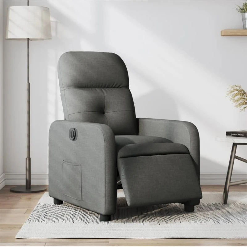 Eldrevet lænestol i mørkegråt stof — motorisk vippefunktion