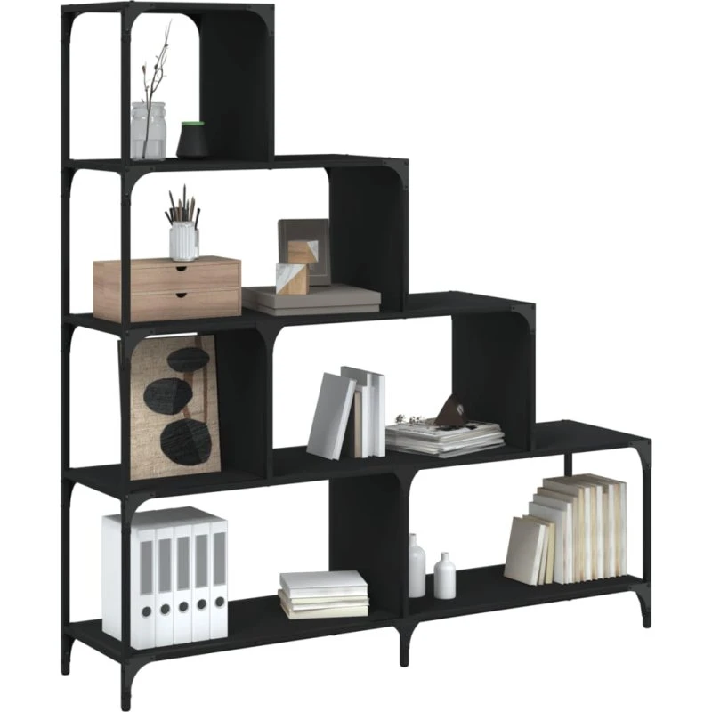 Bogreol 139x33,5x149 cm – 4 hylder, sort/stål & træ