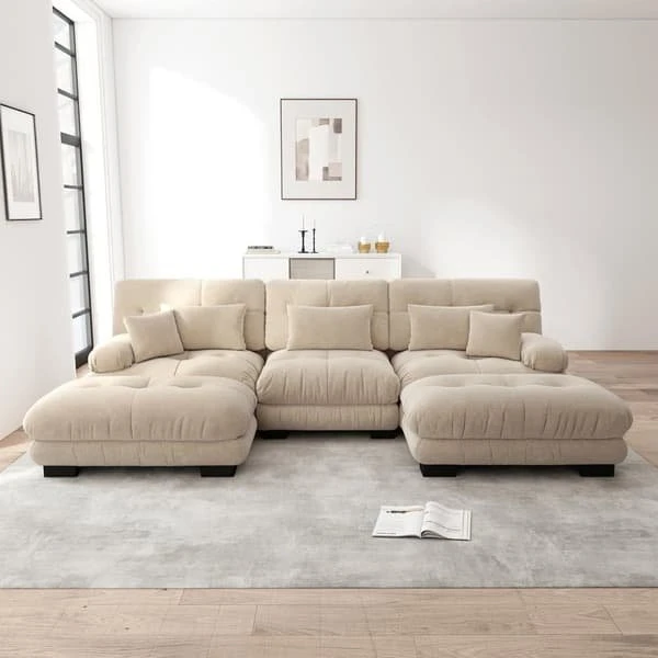 Luksus modulær U-formet chenille sofa i lysebrun