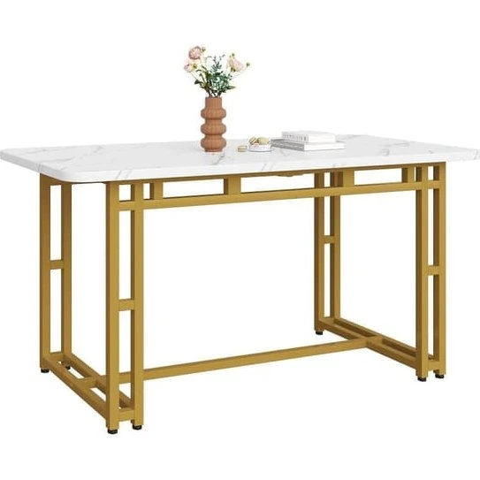Spisebord med marmoreffekt og guld metalben - 120 x 70 cm