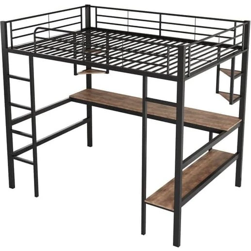 Mezzanin jernseng 90x200cm med skrivebord og 5 hylder - sort