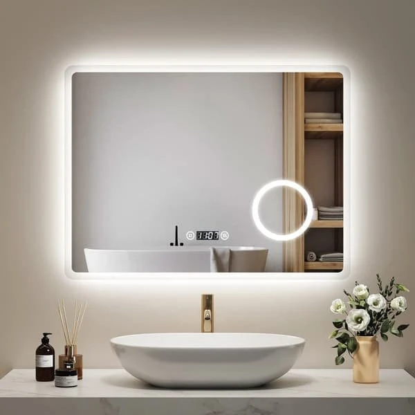 EMKE LED-badeværelsesspejl 80x60 cm med ur og anti-dug