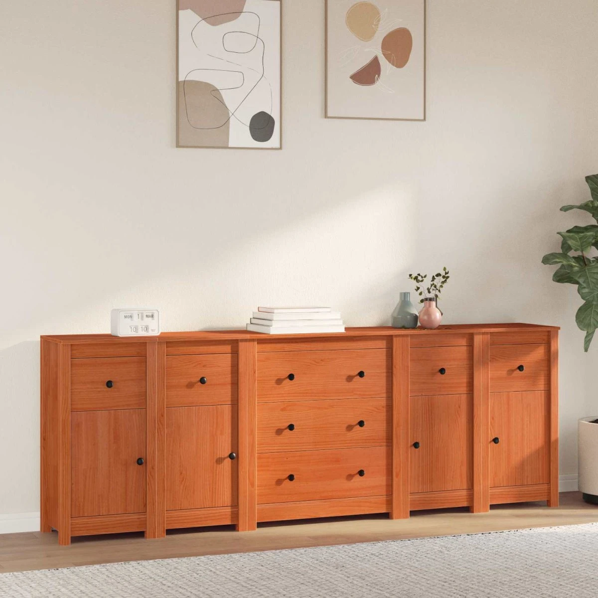 vidaXL Sideboard 5 stk. VoksBrun Massivt Fyrretræ 226x35x80 cm