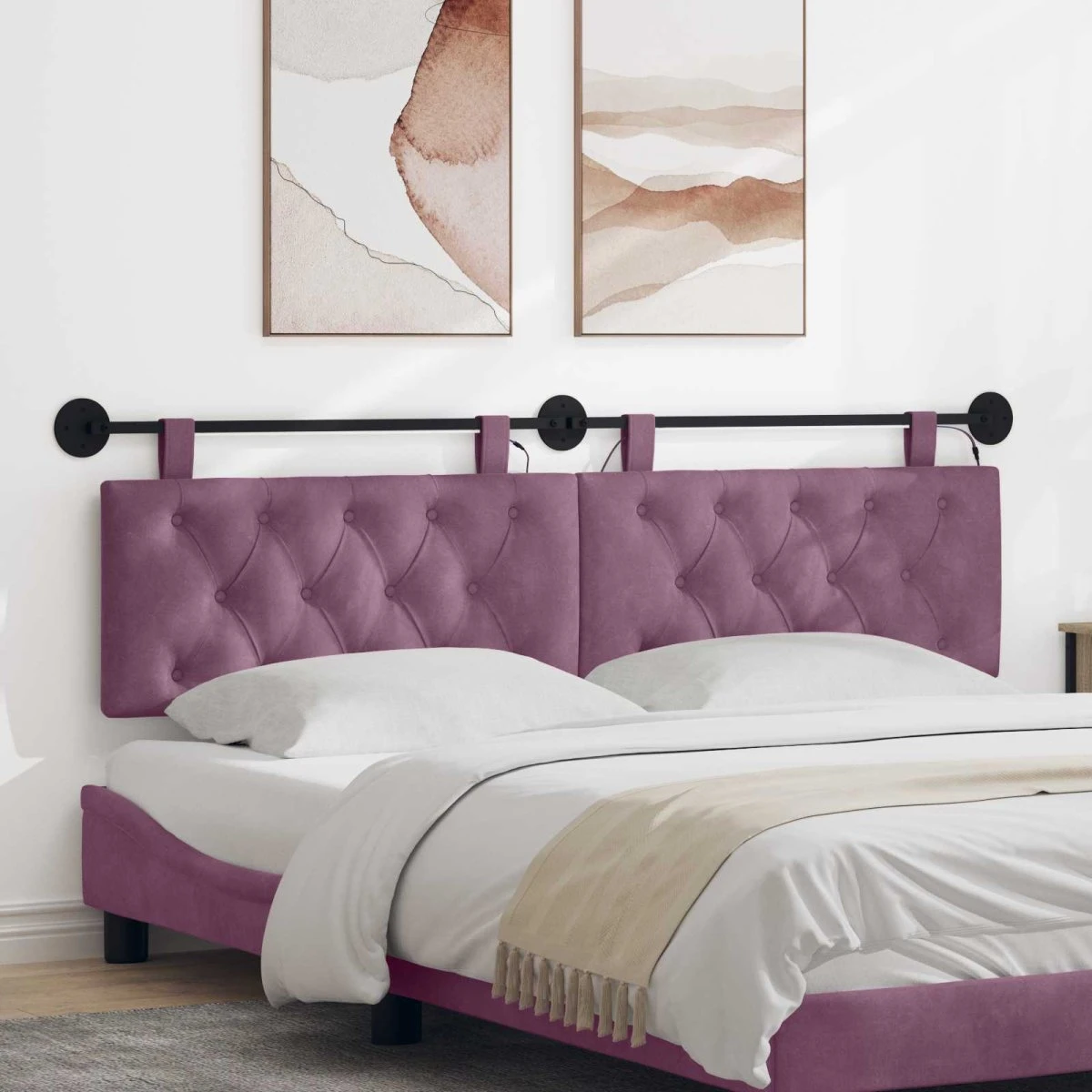 vidaXL Hængende sengegavl med LED-lys i lilla fløjl, 190x55 cm