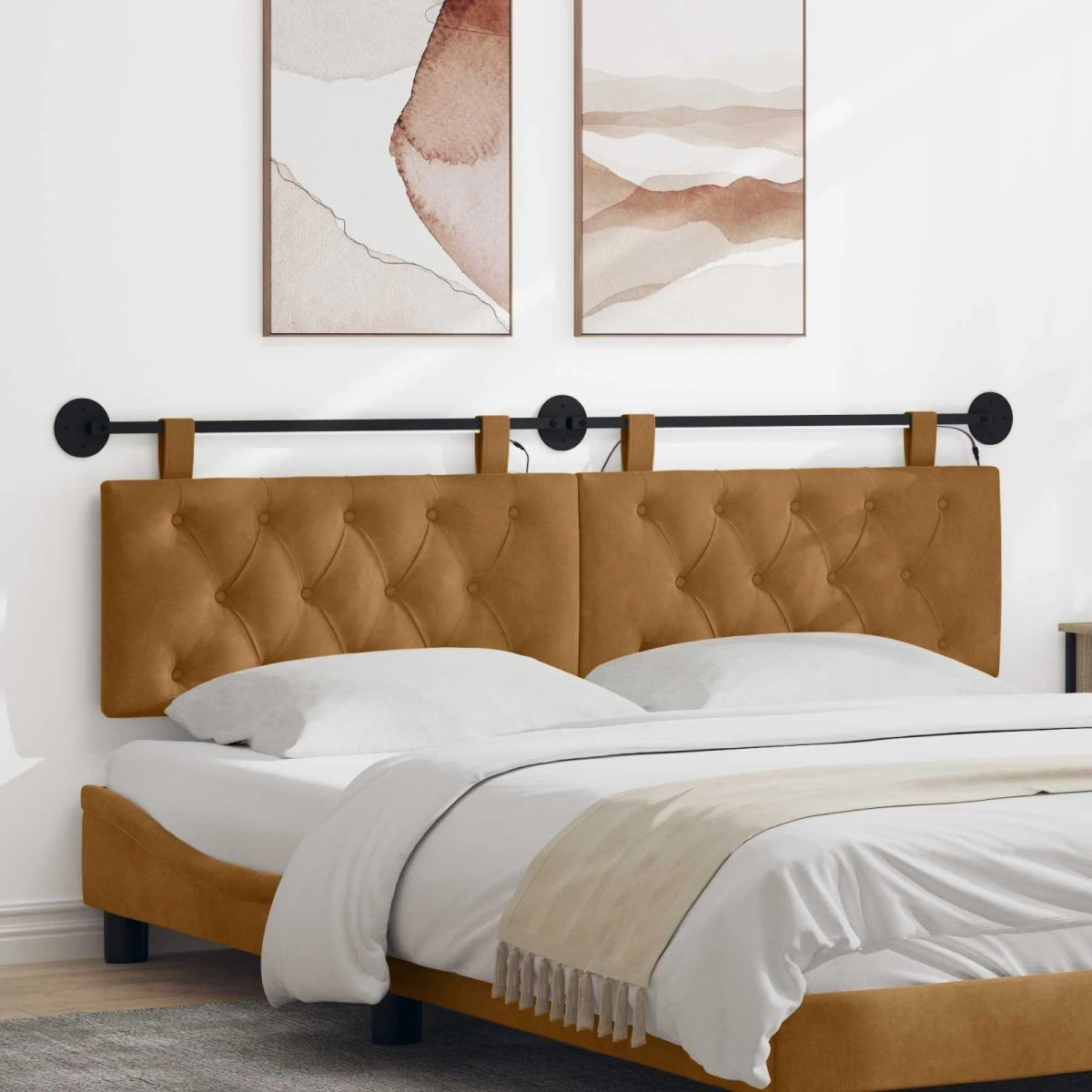 vidaXL Hængende sengegavl i brun fløjl med LED - 170 x 55 cm