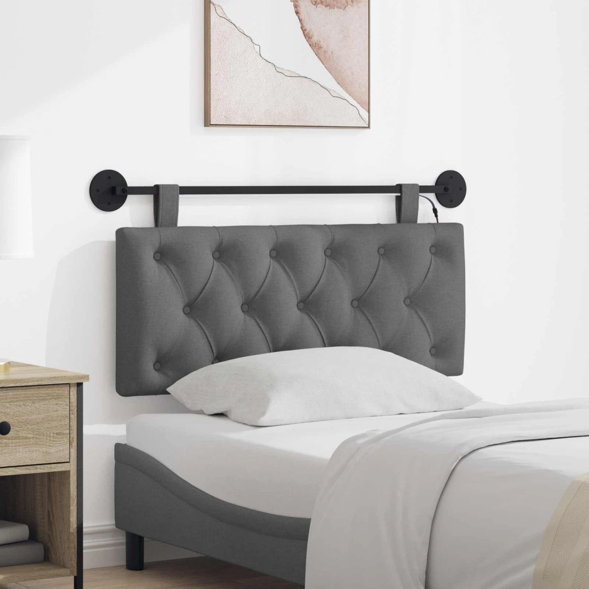 vidaXL Hængende sengegavl med LED-lys, mørkegrå stof, 110x55 cm