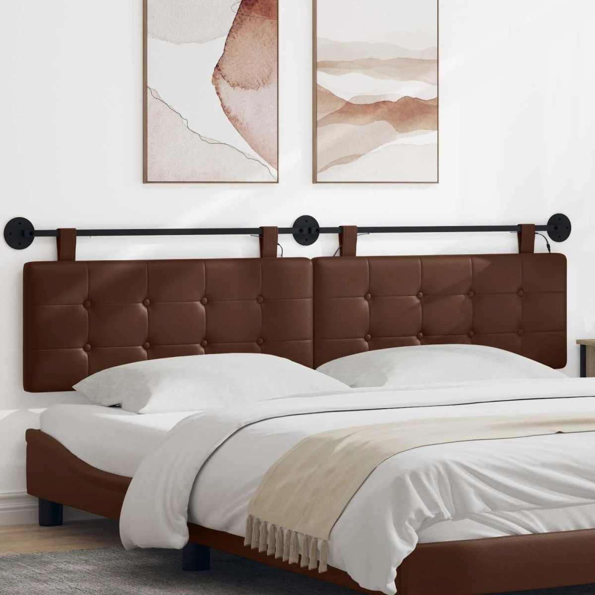 vidaXL Hængende sengegavl med LED-lys, brun kunstlæder, 210x55 cm