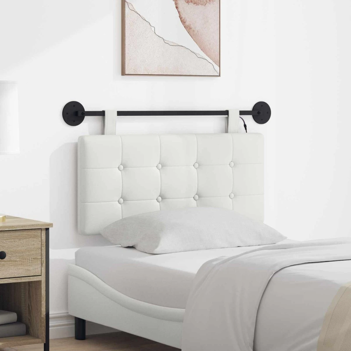 vidaXL Hængende sengegavl med LED-lys i hvidt kunstlæder, 100x55 cm