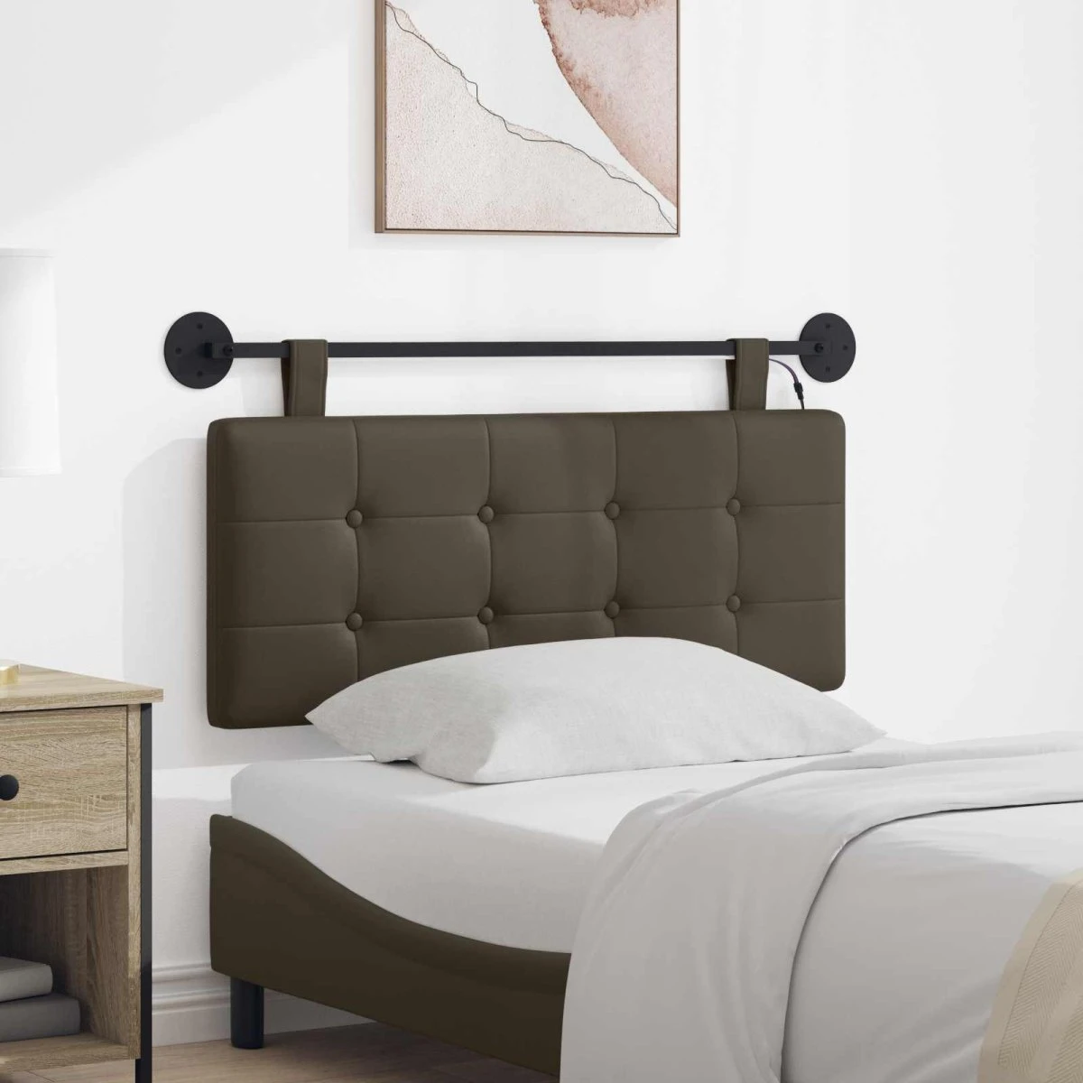 vidaXL Hængende sengegavl med LED-lys, Grå Kunstlæder, 110x55 cm