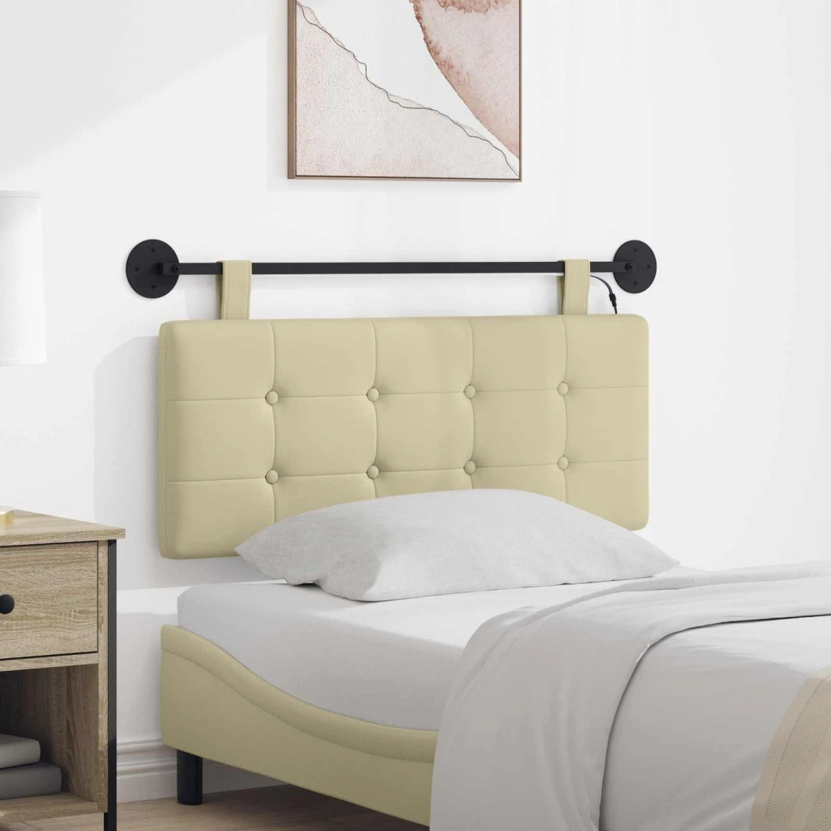 vidaXL Hængende sengegavl med LED-lys, cremefarvet kunstlæder, 110x55 cm
