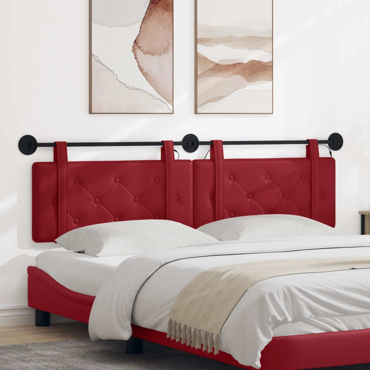 vidaXL Hængende sengegavl med LED-lys, vinrød kunstlæder, 170x55 cm