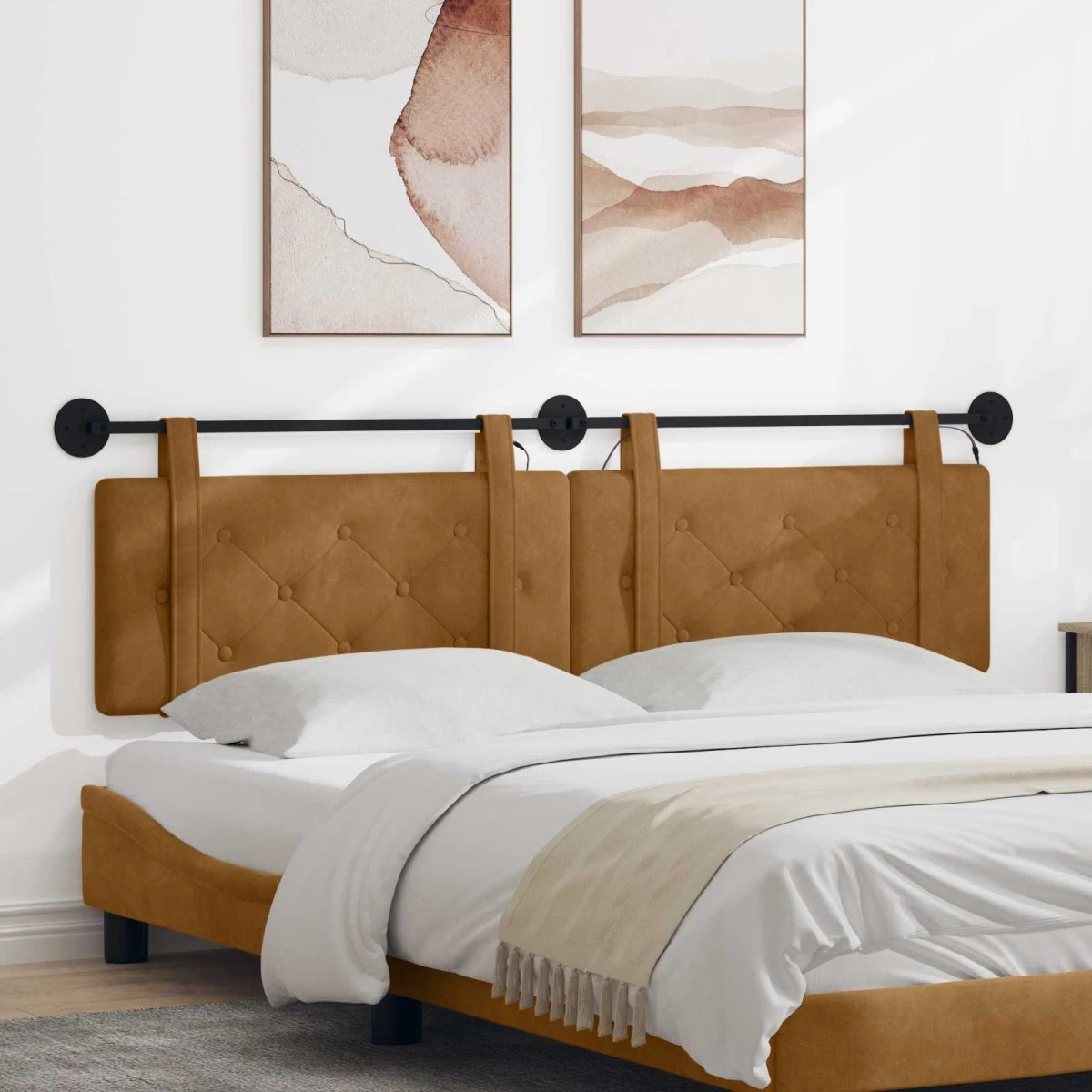 vidaXL Hængende sengegavl med LED-lys, Brun Fløjl, 170 x 55 cm