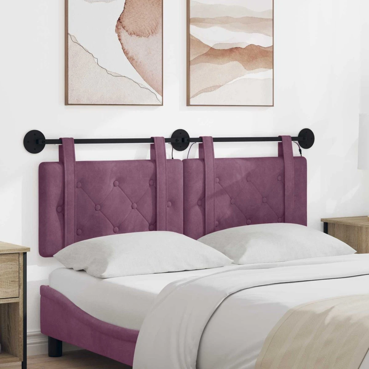 vidaXL Hængende Sengegavl med LED-lys i Lilla Fløjl - 130 x 55 cm