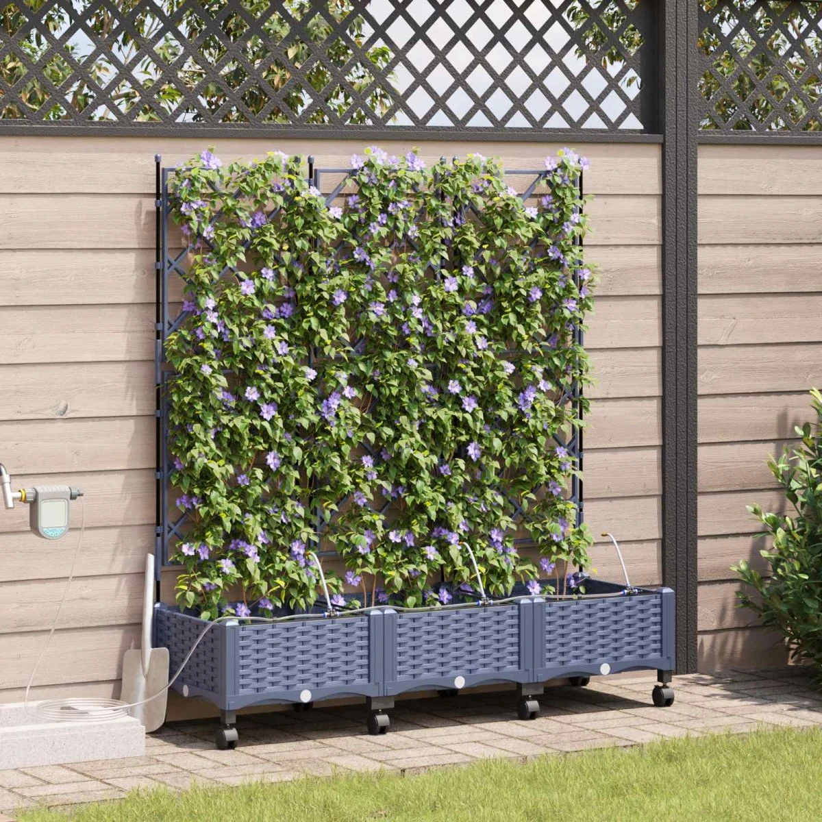 vidaXL Havekrukke med vanding, hjul og espalier - 3 stk. Grå