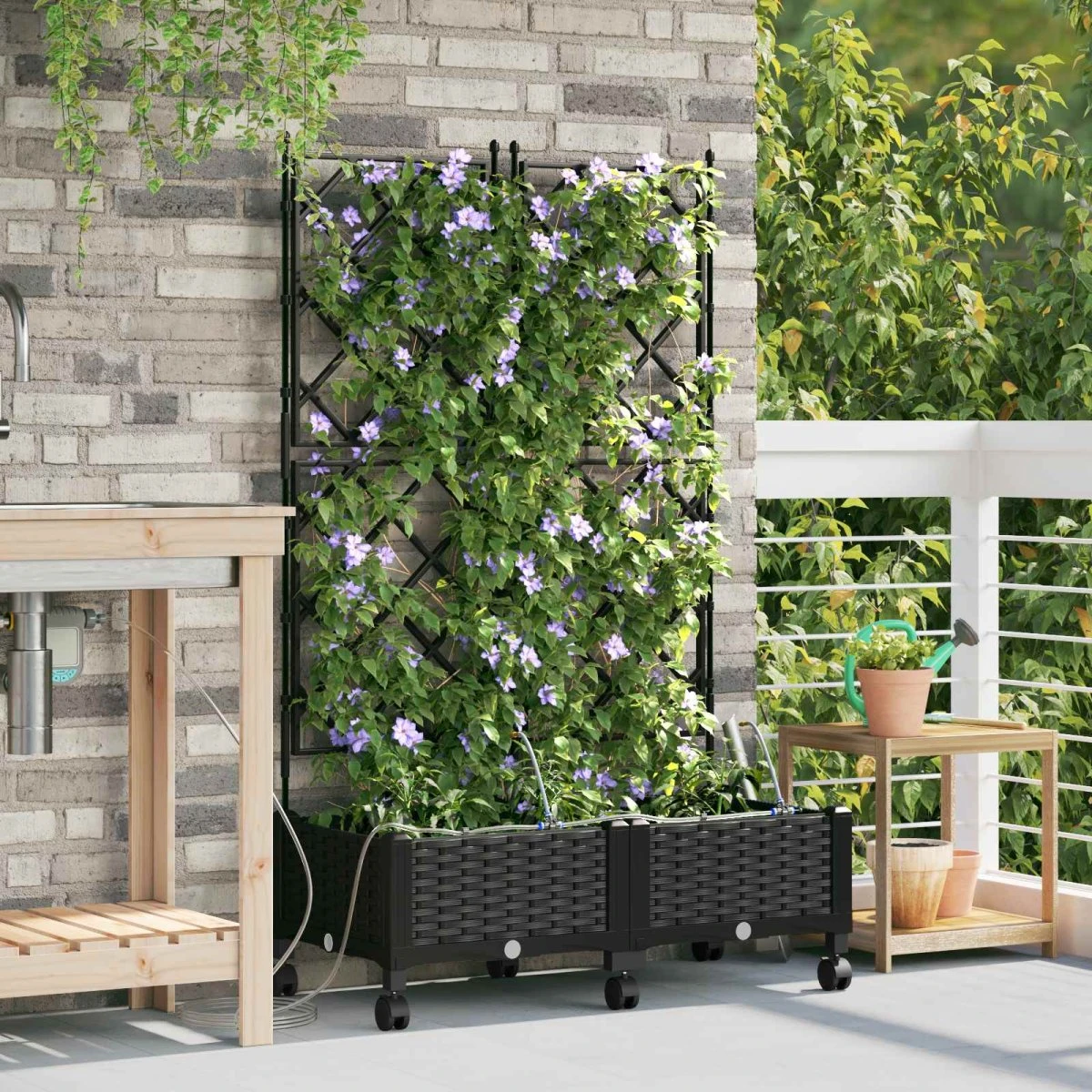 vidaXL Havekrukke med espalier, vanding og hjul, 2 stk, Sort