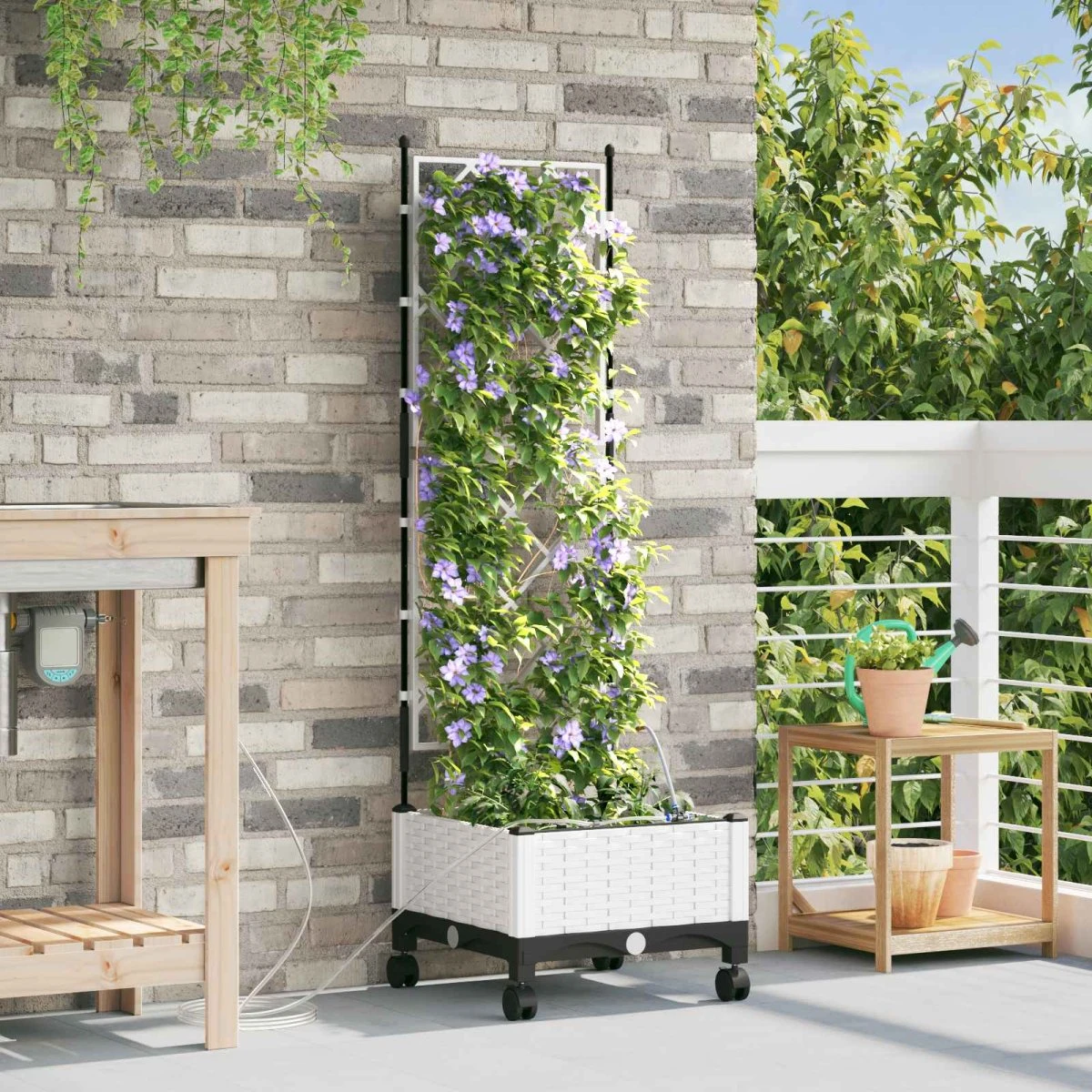 vidaXL Havekrukke med vanding, espalier og hjul - Hvid 40x40x132 cm