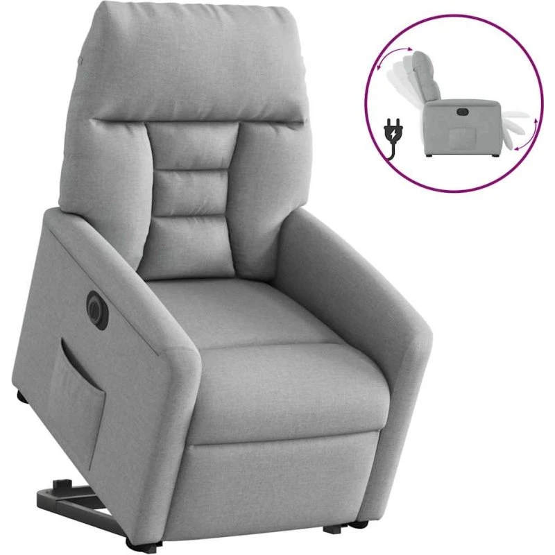 Eldreven lænestol med løftefunktion i lysegråt stof