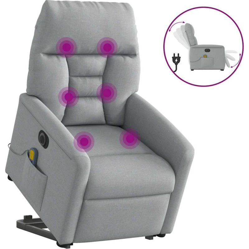 Elektrisk massagestol med løftefunktion, stof lysegrå