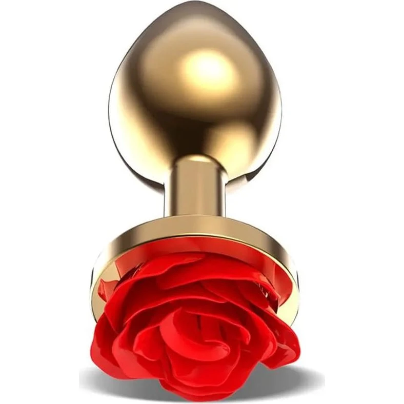 Golden Metal Anal Plug med rød rose, Medium