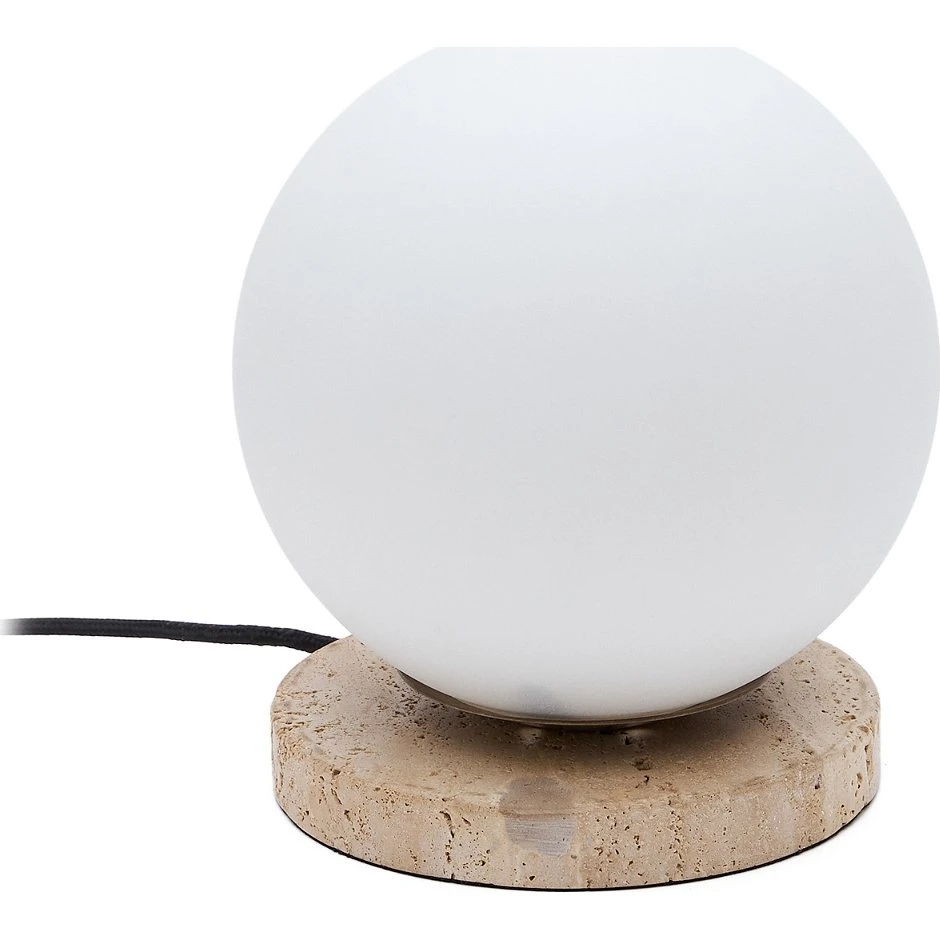 Kave Home Malachi bordlampe i hvidt glas og travertin, 20x20x22 cm
